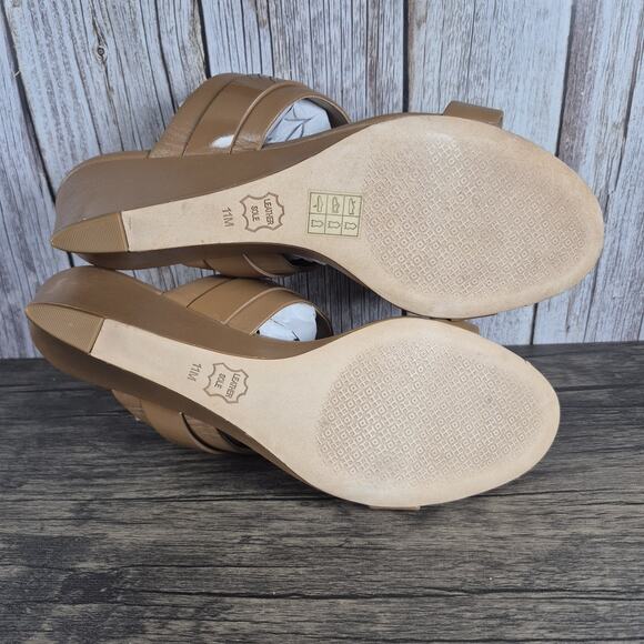 Tory Burch GIGI 65mm Wedge Royal Tan Leather Sandals Open Toe Women's Sz 11 M - Picture 8 of 9
